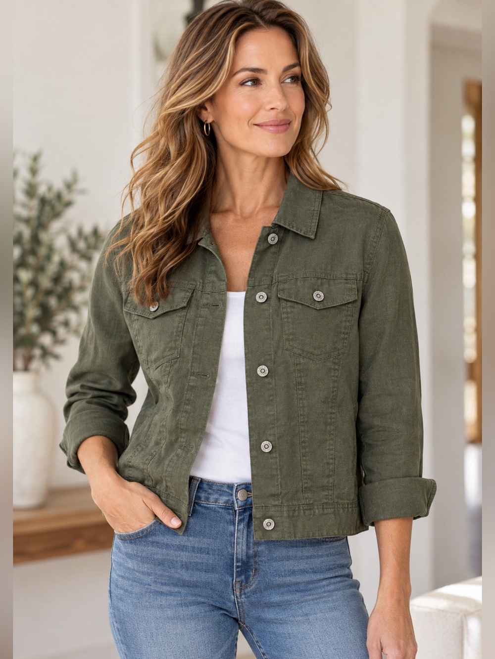Jones & Co Jones New York 100% Linen Olive Green Trucker Jacket Womens Large